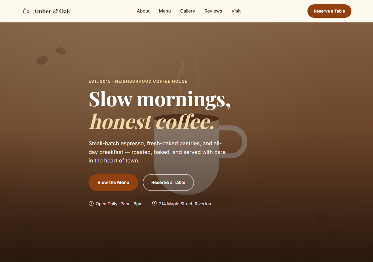 Screenshot of the Amber & Oak Coffee House template homepage