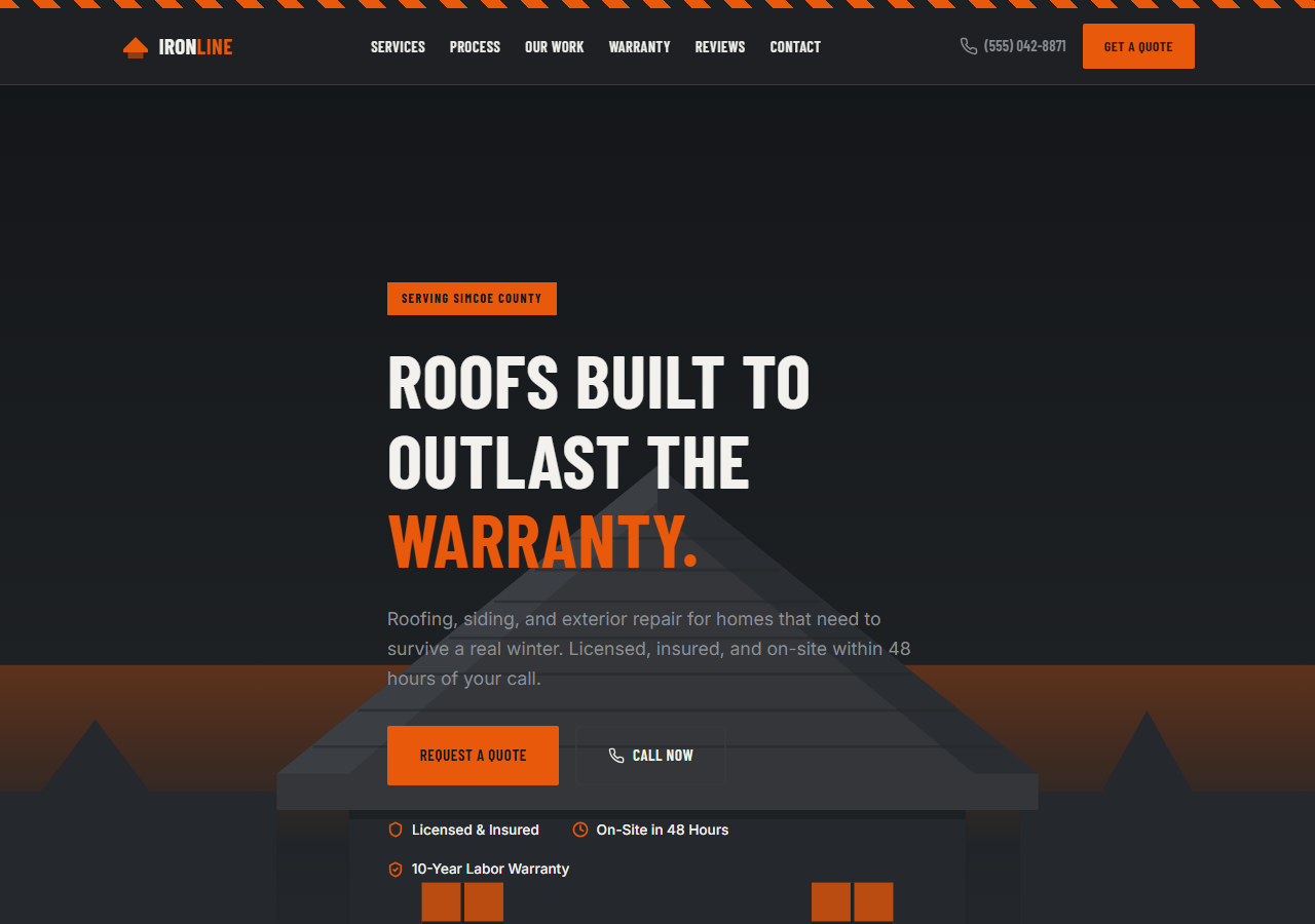 Screenshot of the Ironline Roofing & Exteriors template homepage