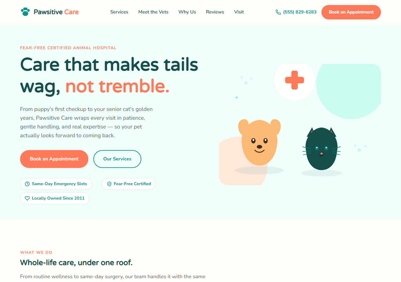 Screenshot of the Pawsitive Care Veterinary Clinic template homepage