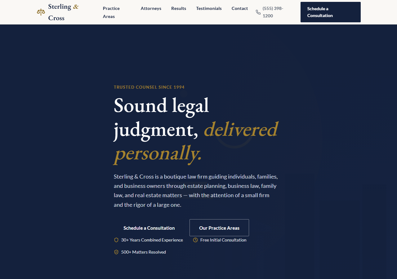 Screenshot of the Sterling & Cross, LLP template homepage